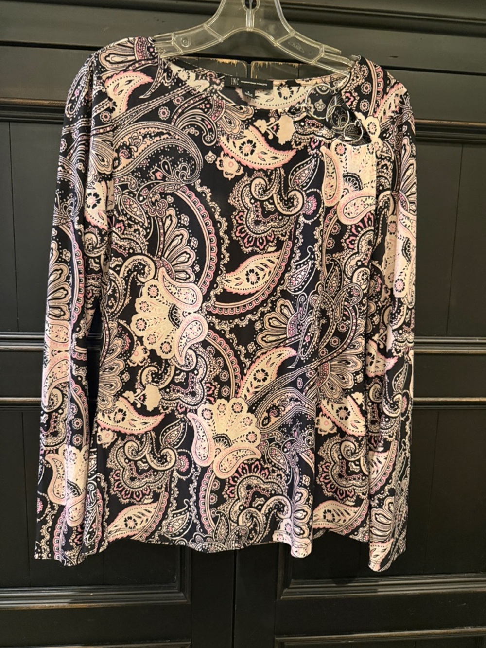INC International Concepts Black and Pink Paisley Long Sleeve Top